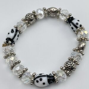 Cute Boho White Black Ladybug Charm Beaded Stretch Bracelet Sweet Fun